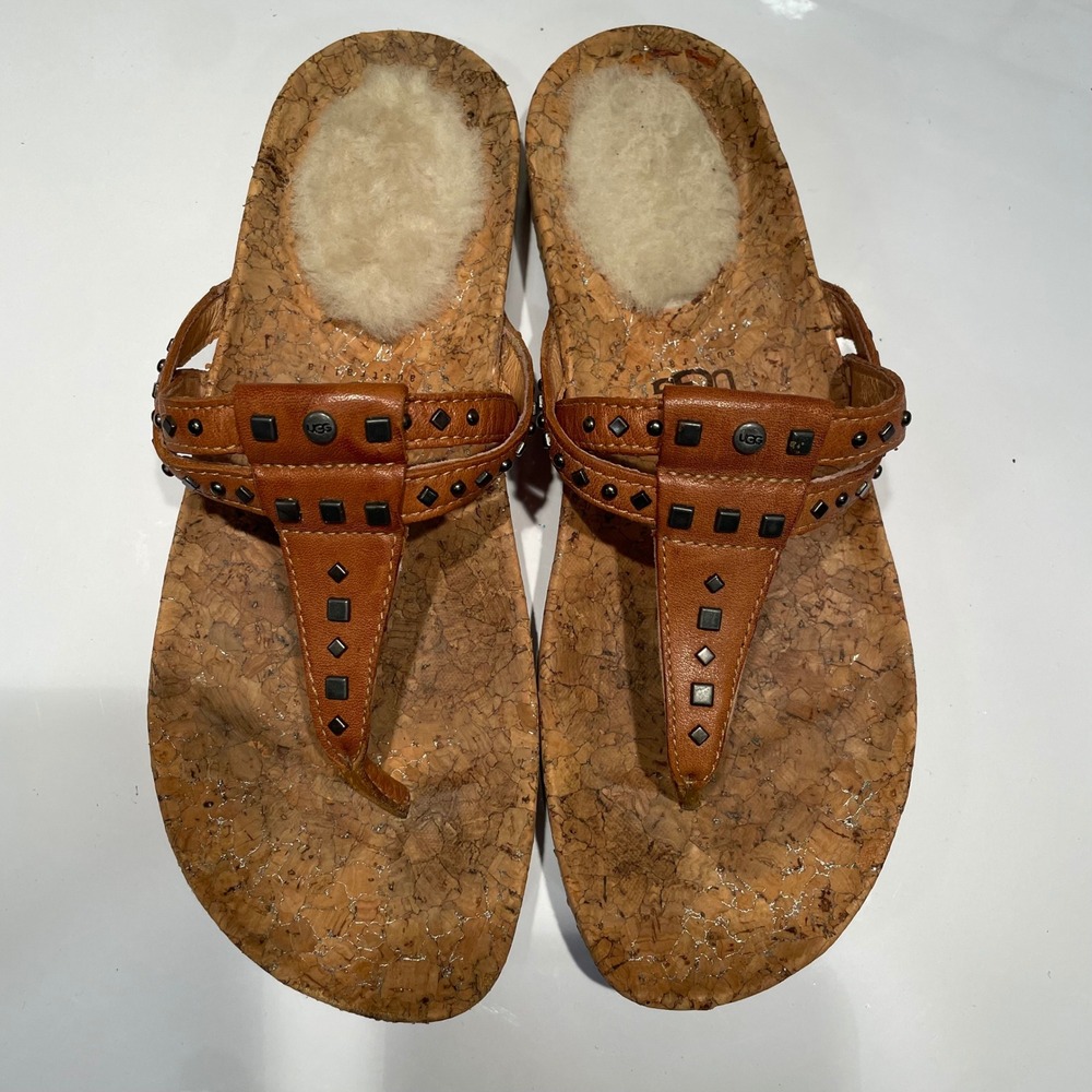 UGG Australia Women Brown Leather Studded Cork Thong Sandals 3097 Size 7